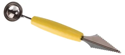 Zdjęcie produktu dla Żółta, wielofunkcyjna, ułatwiająca pracę łyżka do melona ze stali nierdzewnej z podwójną główką, służąca do wydrążania arbuza i przygotowywania talerzy z owocami