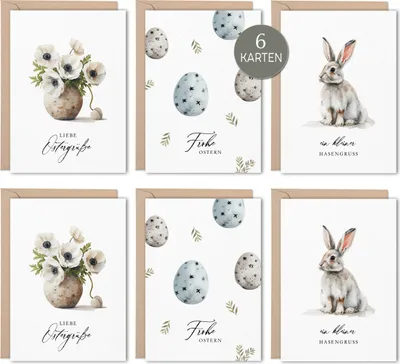 Produktbild von 6 Grußkarten Ostern | Frohe Ostern Motiv No.2 Mix Set mit Umschlag | mit Aquarellmotve Osterhase Ostereier DIN A6 NORDEULE