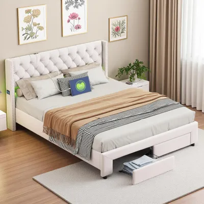 Image de Lit coffre 160x200 cm en velours beige, tête de lit cloutée, 2 tiroirs, ports USB, poches latérales, bande LED amovible