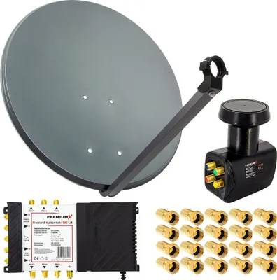 A collection of satellite dish components, including a dish, LNB, multiswitch, and F-connectors, arranged on a white background.