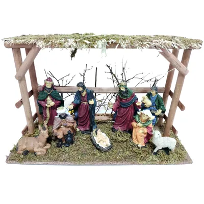 Image de Set de personnages de crèche, personnages réalistes en résine, construction naturelle en bois , 40x15x26cm