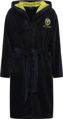 Produktbild von CARLO COLUCCI Herren Bademantel Como | Kapuze | Kimono-Stil | Velours & Frottier | 55 % Baumwolle 45 % Polyester | knielang | Logostickerei | S | Marine-Gelb