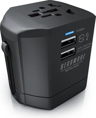 Produktbild von Univerzální cestovní adaptér BEARWARE All-in-One - cestovní zásuvkový adaptér / napájecí adaptér - cestovní zástrčka - světový cestovní adaptér / zástrčka - pro více než 140 zemí/regionů - 2x konektor USB typu A - IP20
