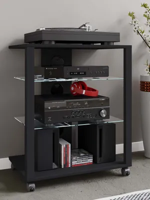 Produktbild von VCM Hifi Holz Möbel | Rack Schrank Phono Regal mit Rollen | 2 Glasböden | Maße: H. 70 x B. 60 x T. 41 cm  | Phono Mediaregal - Folas