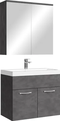 A bathroom vanity set with a sink, faucet, and mirrored cabinet.