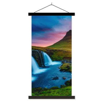 Produktbild von MuchoWow® Textilposter Wasserfall - Berg - Moos - Sonnenuntergang - Natur 40x80 cm mit schwarzem Rahmen - Wandemalerei