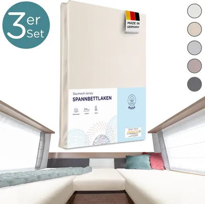Produktbild von Beeke® Premium Spannbettlaken Wohnmobil [3 teilig] - Hergestellt in Deutschland - Als Wohnwagen Zubehör / Caravan Heckbett Matratze - 97% Baumwolle und 3% Elasthan - 200 g/m² - Beige