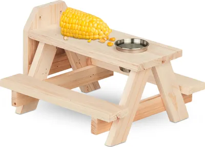 Produktbild von Relaxdays Eichhörnchen Tisch, Holz, Eichhörnchenfutterplatz mit Maiskolbenhalter, Napf, Futtertisch zum Aufhängen, natur
