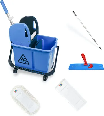 Produktbild von Hypafol Mini Reinigungswagen | Set 40 Mini | 2-Kammer Putzwagen mit 24l Eimer mit Trennwand | mit Mopp-Presse, Teleskopstiel & Mopp-Halter | inkl. 1x  Baumwoll Mopp, 1x Mikrofaser-Mopp