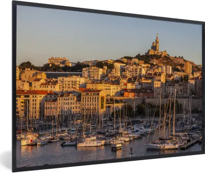 Produktbild von MuchoWow® Gerahmtes Poster Sonne - Hafen - Marseille 90x60 cm - Poster mit Schwarzem Bilderrahmen Wandposter Rahmen Foto Bilder - Fotorahmen - Foto-Plakat