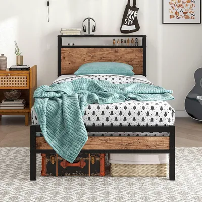 Imagen del producto de Estructura de cama individual de metal resistente con cabecero de madera