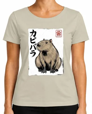 Imagen del producto de Camiseta para mujer con diseño de capibara (カピバラ), también conocida como "Wasserschwein" (cerdo de agua) en japonés, estilo arte japonés Y2K, Ukiyo-e, color natural, talla S
