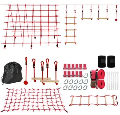 Produktbild von Ninja Line Kinder 10m Slackline Set mit Turnringe Schaukel Kletterleiter Kletternetz für 3-6 Jahre 1000x300x180 cm Rot