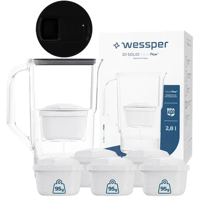 Obrázek produktu pro Filtrační konvice Wessper o objemu 2,8 litru s LED počítadlem Kompatibilní s Brita Maxtra | Sada 6 filtračních konvic + filtrační patrona - černá