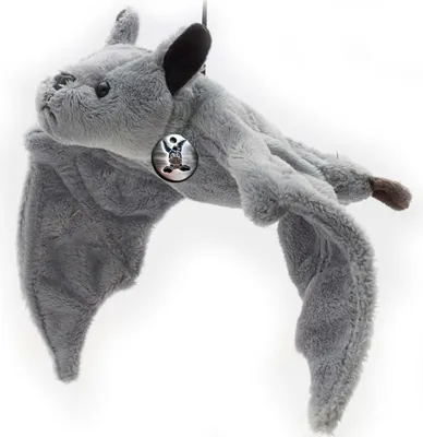 A plush toy bat is shown hanging against a white background.
