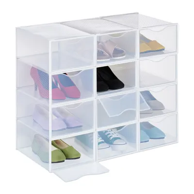 Zdjęcie produktu dla Relaxdays – zestaw 12 pudełek na buty, organizer na buty, z możliwością układania w stosy, na buty do rozmiaru 45, z otworami wentylacyjnymi, przezroczyste