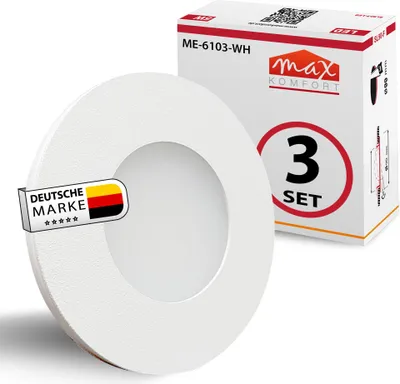 A white circular LED light is shown in the foreground, with a product box in the background.