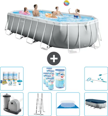 Produktbild von Intex Oval Prism Frame Swimmingpool – 610 x 305 x 122 cm – Grau – inklusive Pumpe – Leiter – Bodenplane – Abdeckung Wartungspaket - Filter - Reinigungskit