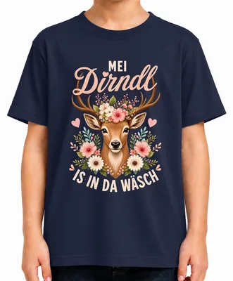 Obrázok produktu pre Mei Dirndl, dámske tričko s motívom "Reh Kitz Blumen" (jeleniča s kvetmi), kožené nohavice, detské tričko, tmavomodrej farby, veľkosť 116
