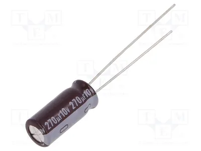 Imagen del producto de 10 condensadores: electrolíticos de baja impedancia, 270uF, para montaje en placa, 10VDC, modelo UPM1A271MED1TD