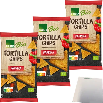 Produktbild von Edeka  Tortillachips Paprika Mais-Chips mit Paprikageschmack 3er Pack (3x125g Packung) + usy Block