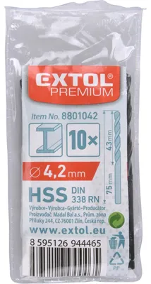 Zdjęcie produktu dla Wiertło do metalu HSS, opakowanie 10 sztuk, O 4,2 L=75 L1=43, HS
