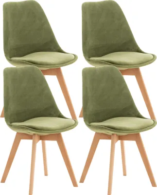 Four green dining chairs with wooden legs are arranged in a two-by-two grid against a white background.