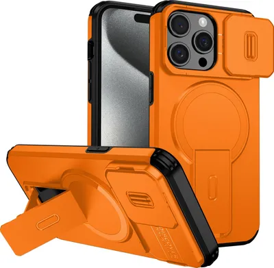 Image de Étui magnétique pour iPhone 15 Pro Max, étui durable à deux couches avec protection coulissante de l'appareil photo et support réglable Orange