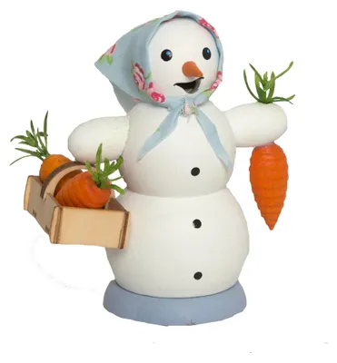 Produktbild von Drechslerei Kuhnert - Räucherfigur - Schneefrau mit Möhrenkorb - Größe ca. 13cm - für Räucherkerzen Größe M (Standard)