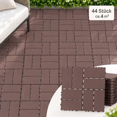 Produktbild von 44 Stück PP-Terrassenfliesen 30x30x2 cm, 4 m², Klickfliesen mit Flechtmuster, Drainage, rutschhemmend & wetterfest, für Balkon & Terrasse, Braun