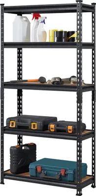 A black metal shelving unit with various items stored on its shelves.