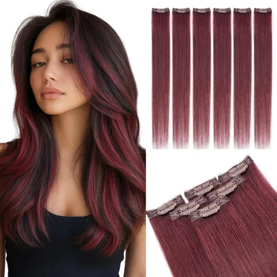 Image de Extensions à clipser, cheveux naturels, 6 pièces, 50 cm, lisses, couleur bordeaux, 44g