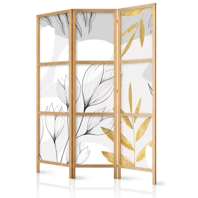 Immagine prodotto di Schermo a foglie 135x171 cm 3 pezzi monofacciale elegante schermo per la privacy parete divisoria per la stanza divisorio in legno design motivo deco casa ufficio botanica natura b-A-10071-bh-c
