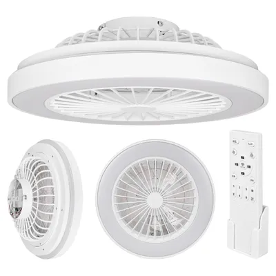 Collage of images showing a white ceiling fan with integrated LED light and a remote control.