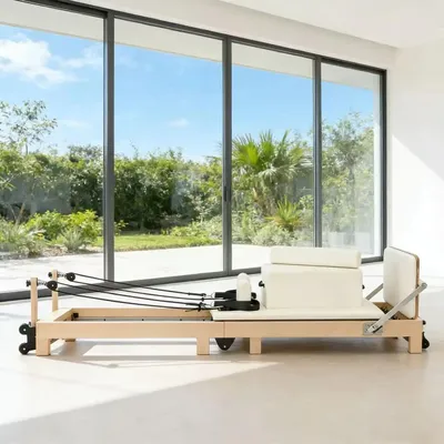 Produktbild von Pilates Reformer - Klappbares Reformerbett - Verstellbarer Widerstand - Max. 500 kg - Cardio- & Ganzkörpertraining - Weiß