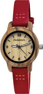 Produktbild von Holzwerk CLARA RED kleine Damen Holz Uhr mit Leder Armband in dunkel rot, beige