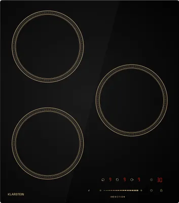A top-down view of a black induction cooktop with three cooking zones and a digital control panel.