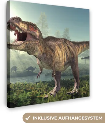 Produktbild von MuchoWow® - Leinwandbilder - Dino - Gras - Zeichnung - Kinder - Jungen, Wandbild, Wanddeko Bilder Wohnzimmer, 90x90 cm