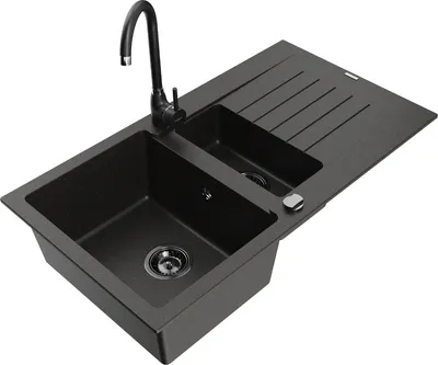 Produktbild von Mexen Matias 1,5-Becken-Granitspüle mit Abtropffläche und Mischbatterie Telma, Schwarz/Gold - 6502-75-670200-70-B