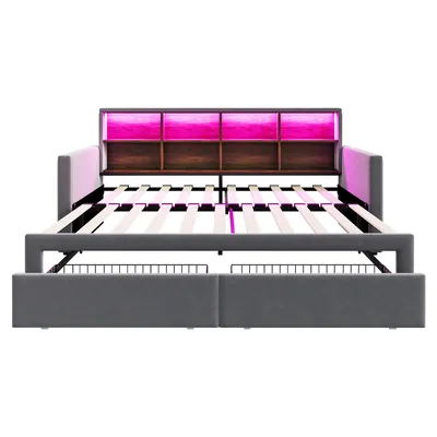 Produktbild von Flieks Schlafsofa Polsterbett 90x190cm mit Ausziehbett, Tagesbett Daybed mit 2 Schubladen und Led, Jugendbett mit Ladefunktion, Dunkelgrau