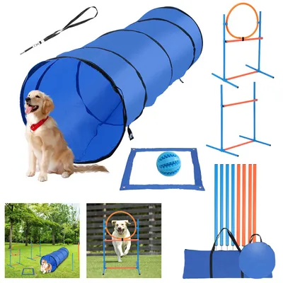Produktbild von Peviasot Hunde Agility Set mit Tunnel 170x55 cm, 8 Slalomstangen, Hürde,Sprungring, Pausenfeld und 2 Tragetaschen