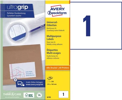Produktbild von Avery Zweckform - Etikett Zweckform 6135 210x148mm weiß 200 Stück