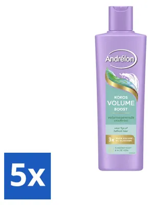 Immagine prodotto di 5 flaconi di shampoo volumizzante Andrélon, con estratto di cocco e aloe vera, da 250 ml - confezione - 5 pezzi