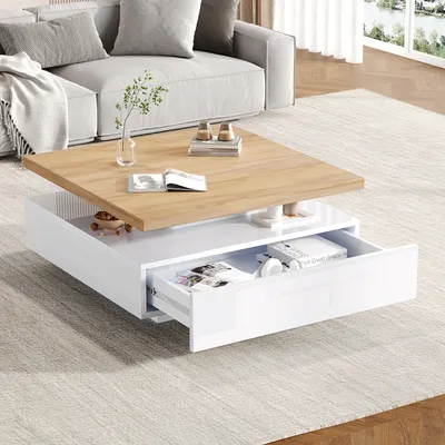 Produktbild von MODFU Couchtisch Wohnzimmertisch quadratische 360° schwenkbare für Wohnzimmer, Schlafzimmer, Beistelltisch Hochglanz mittig schwenkbarer Tisch und Aufbewahrungsschrank, Weiß