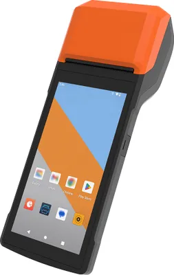 Produktbild von Intelligenter mobiler Handheld-PDA-Terminal-Belegdrucker, 5,5-Zoll-Touchscreen mit hoher Aufloesung, kabellose Konnektivitaet, Android 13, eingebauter Akku, integrierter POS-Belegdrucker, Barcode-Scanner, Orange