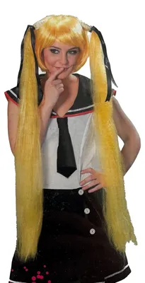 Produktbild von Rubies Damenperücke Blond lang mit langen Zöpfen und blauen Haarbändern