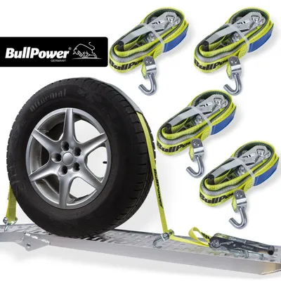 Produktbild von 4x BullPower Spanngurte AZG254 - Autotransport PKW Zurrgurte Reifengurte Transportsicherungen - LC 5000 kg / daN mit Ratsche und Haken - 50mm breit