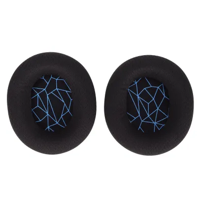 Two black ear pads with a blue geometric pattern on a white background.