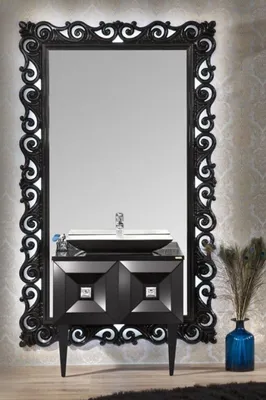 Produktbild von Casa Padrino Luxus Barock Badezimmer Set Schwarz - Waschtisch mit Waschbecken und Wandspiegel - Prunkvolle Badezimmermöbel im Barockstil