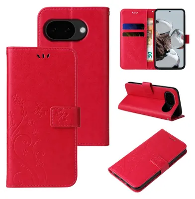 Produktbild von Handyhülle für Google Pixel 10a Floral Blumen Schmetterling Flip Cover Hülle Case Klapphülle Handytasche Farbe: Rot